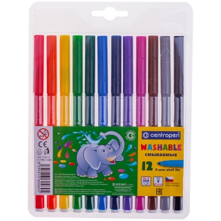 Фломастеры Centropen "Washable", 12цв., смываемые, блистер