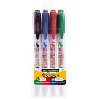 Набор маркеров для белых досок Crown "Multi Board Slim" 4цвета, пулевидный наконечник 2мм, пластиковый чехол