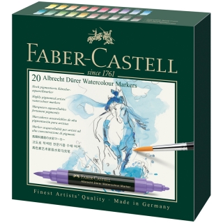 Набор акварельных пигментных маркеров Faber-Castell "Albrecht Dürer" 20 цветов, двухсторонние, кисть/пулевид.