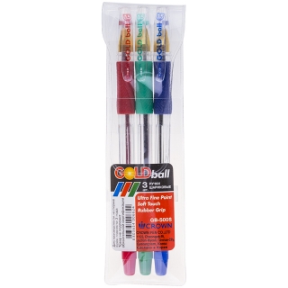 Набор шариковых ручек Crown "Gold Ball", 3шт., 3цв., 0,5мм, грип, ПВХ уп., европодвес