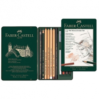 Набор художественный FABER-CASTELL "Pitt Monochrome", 12 предметов, металлическая коробка