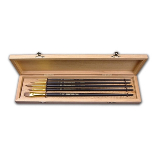 Набор ROUBLOFF №4, 5 кистей из волоса колонка в деревянной шкатулке, 3 круглые, 2 плоские
