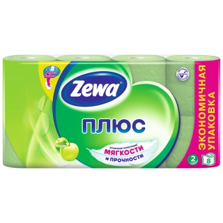 Бумага туалетная Zewa Плюс, 2-слойная, 8шт., тиснение, зеленая, яблоко