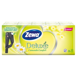Платки бумажные носовые Zewa Deluxe 3-слойные, 19*21см, белые, аромат ромашки, 10 пачек по 10шт.
