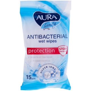 Салфетки влажные Aura Family, 15шт., антибактериальные