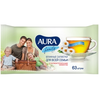 Салфетки влажные Aura, 63шт., для всей семьи, антибактериальные