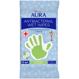 Салфетки влажные Aura, 15*20см, 72шт., антибактериальные с ромашкой