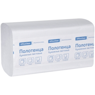 Полотенца бумажные лист. OfficeClean Professional(V-сл), 2-слойные, 200л/пач, 21*21,6, тисн,белые
