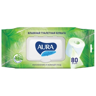 Бумага туалетная влажная Aura Ultra Comfort, 80шт/пач., экстаркт алоэ, без спирта, клапан