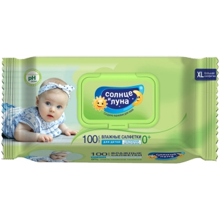 Салфетки влажные Солнце и луна, 100шт., детские, очищающие, экстракт липы,крышка клапан