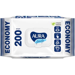 Салфетки влажные Aura Family, 200шт., для всей семьи, клапан