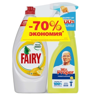 Промонабор: чистящий спрей Mr.Proper Лимон, 500мл+средство для мытья посуды Fairy Лимон, 900мл