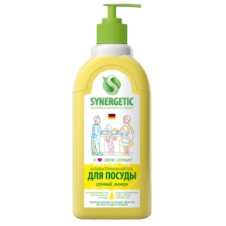 Средство для мытья посуды, фруктов, игрушек Synergetic "Лимон", антибактериальное, концентрат, с дозатором, 500мл