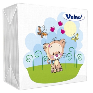 Салфетки бумажные Veiro 1 слойн., 24*24см, белые, с рисунком Котик, 50шт.