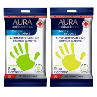 Салфетки влажные Aura Derma Protect pocket-pack , 15шт., антибакт., с лимоном/ромашкой