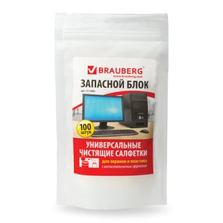 Чистящие салфетки для экранов и пластика (запасной блок) Brauberg, 100 шт., влажные, 511685