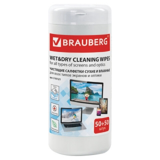 Чистящие салфетки Brauberg для LCD (ЖК)-мониторов, сухие и влажные в тубе, 50+50 шт., 510121