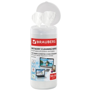 Чистящие салфетки Brauberg для LCD (ЖК)-мониторов, сухие и влажные в тубе, 50+50 шт., 510121
