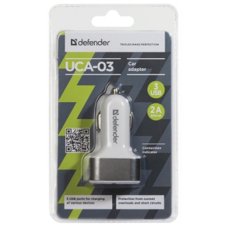 Зарядное устройство на 3 USB-порта, Автомобильное DEFENDER UCA-03, серое, 83570