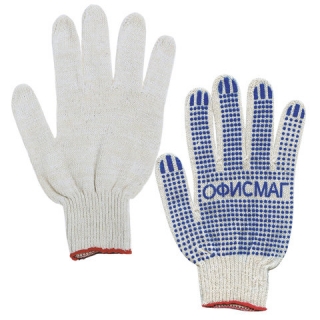 Перчатки хлопчатобумажные, Комплект 50 пар, 10 класс, 32-34 г, 83 текс, ПВХ точка, Офисмаг, белые, 605503