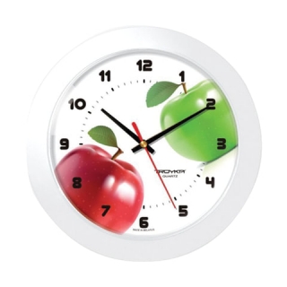 Часы настенные Troyka 51510533, круг, Белые с рисунком Яблоки, Белая рамка, 30,5х30,5х5,4 см