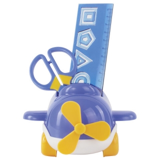 Канцелярский детский Набор Юнландия "Самолет", 4 предмета: подставка, линейка со скрепками, ножницы, ластик, цвет - синий, блистер, 236961