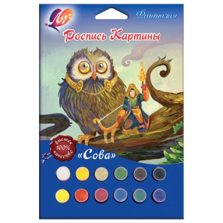 Роспись картины Луч Сова, Набор (заготовка, гуашь 11 Цветов, гель с блестками, кисть), 26С 1586-08