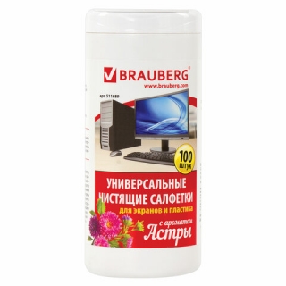 Чистящие салфетки Brauberg для экранов и пластика, с ароматом Астра, в тубе 100 шт., влажные, 511689
