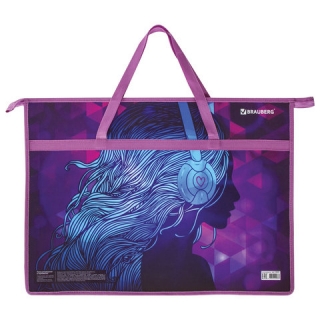 Папка для рисунков и чертежей А3, с ручками, 1 отделение, пластик, цветная печать, молния сверху, Brauberg, Melody, 228201