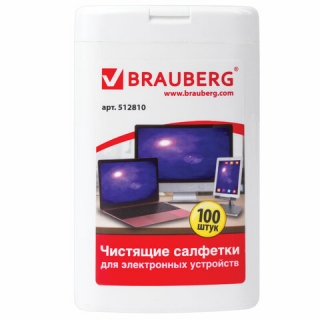 Чистящие салфетки для ноутбуков и оптических поверхностей Brauberg, Комплект туба 100 шт., влажные, 512810