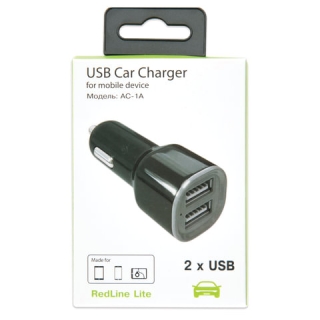 Зарядное устройство Автомобильное Red line AC-1A, кабель microUSB 1 м, 2 порта USB, выходной ток 1 А, черное, УТ000012246