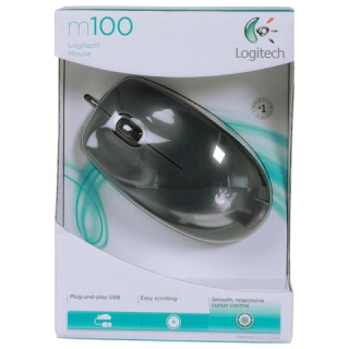 Мышь проводная Logitech M100, USB, 2 кнопки + 1 колесо-кнопка, оптическая, черно-серая