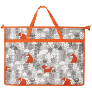 Папка для рисунков и чертежей А3, с ручками, 1 отделение, пластик, молния сверху, Brauberg, Foxes, 228202