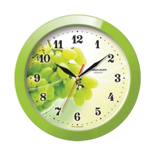 Часы настенные Troyka 11121161, круг, Белые с рисунком Виноград, Зеленая рамка, 29х29х3,5 см