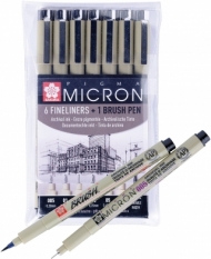Набор капиллярных ручек Sakura Pigma: 6 ручек Pigma MIcron+1 Pigma Brush